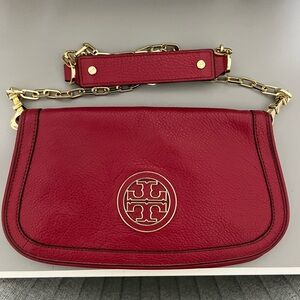Tory Burch Red Pebbled Leather Crossbody Flap Bag Gold Logo Chain Strap